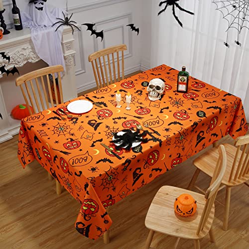 Halloween Tablecloth Round 60 Inch - Spider Web Pumpkin Bat Ghost Waterproof Decor - Orange / 102 Inch