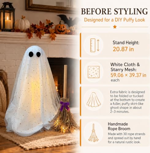 Lighted Ghost and Witch Broom Halloween Decoration Set - Adjustable Display