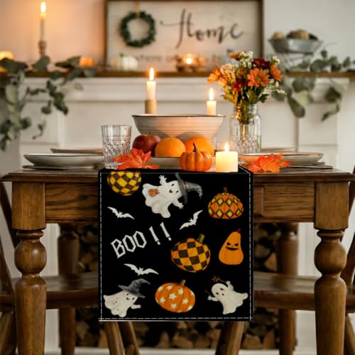 Halloween Ghost Pumpkin Linen Table Runner 13x72 Inches for Dining Table - Cute Halloween Ghost Variation