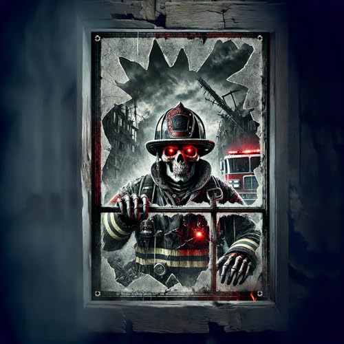Halloween Skeleton Fireman Window Cover - 31x47 Inch Decoration - Colorful