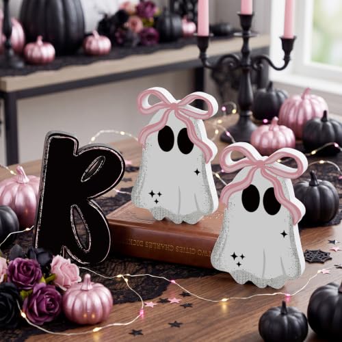 Halloween Ghost Table Decorations - BOO with Pink Bow Wooden Signs, Indoor Tiered Tray Decor
