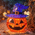 Outdoor Lighted Pumpkin Decorations with Witch Hat - 24 Inch Halloween Yard Decor
