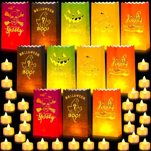 Halloween Luminary Bags with LED Lights - Flame Resistant Outdoor Decor, 72 Pack