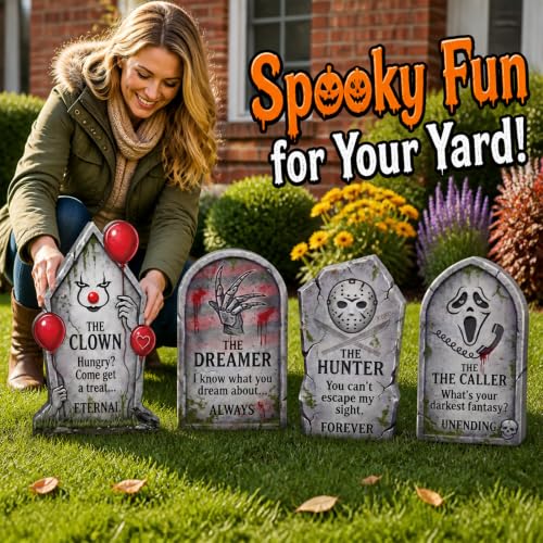 Halloween Tombstone Yard Signs Set - 4 Pack, 16.9 Inch Creepy Graveyard Decor