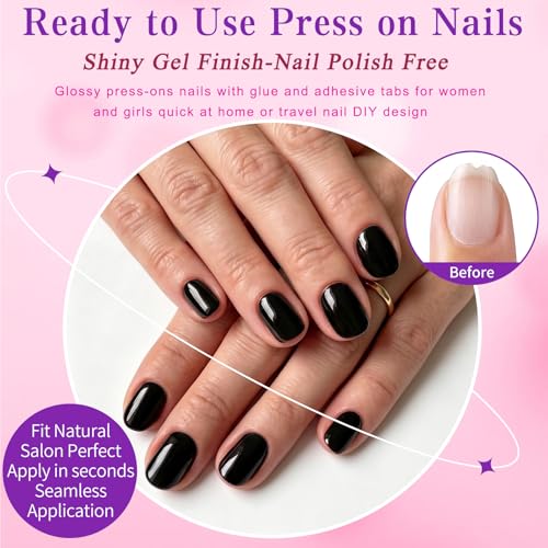 Black Short Square Press On Nails Kit with Glue & Tabs - 240 Pieces, 12 Sizes