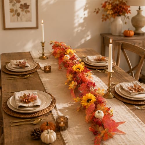 Fall Orange Lighted Garland with Leaves Pumpkins Sunflowers for Mantel - 6 FT