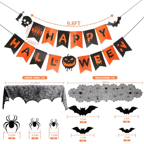 Halloween Decor Set - Mantel Scarf, Spider Table Runner, 3D Bats & Spiders, Happy Halloween Banner - Black 2