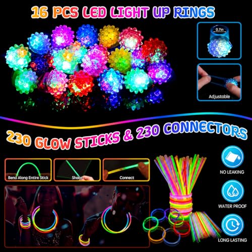 Glow in the Dark Party Supplies Set - 278 Pieces Neon Glow Stick Pack with LED Glasses & Finger Lights - Perfect for Weddings, Camping, and Celebrations