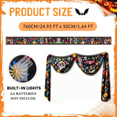 Dia De Los Muertos Porch Banner with Light - Sugar Skull & Floral Design, Ghost Lamp Variation