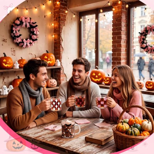 Halloween Coffee Mug Set Bat Design - Pink Bow, 12 oz Glass, Halloween Gift