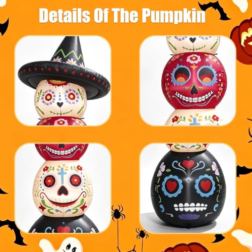 7 Ft Halloween Inflatable Decor with LED Lights, Day of the Dead Sugar Skull Tower