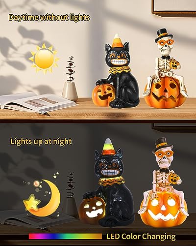 Halloween Indoor Decorations 2-Pack Resin Black Cat & Skeleton Pumpkin Lights