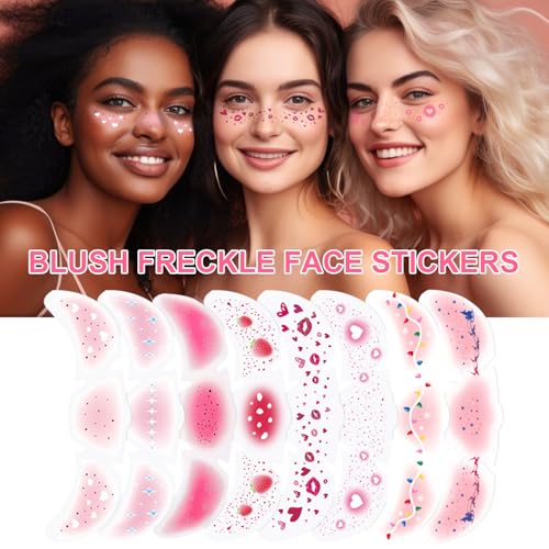 8Pcs Rose-Pink Blush and Glitter Freckles Face Tattoos Set A - Waterproof & Long-Lasting
