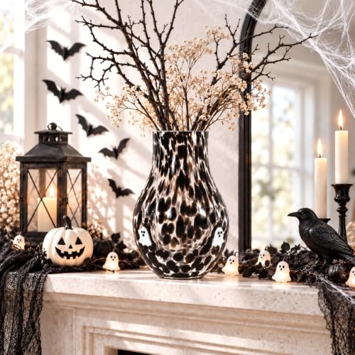 Halloween Ghost Glass Vase Black and White Hand Blown Centerpiece Decor 6.6 x 6.7 Inches