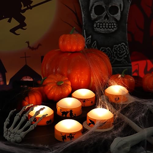 Halloween LED Pumpkin Lights with Remote Control - 12 Pack Orange with Decals
