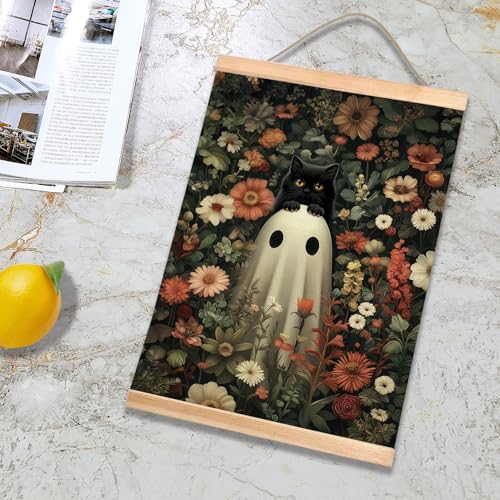 Ghost and Black Cat Gothic Wall Art Canvas - Colorful Halloween Decor, 18.5x14 Inch - Ghost01
