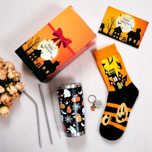 Halloween Gift Set with 20oz Tumbler, Socks, Pumpkin Keychain & Accessories