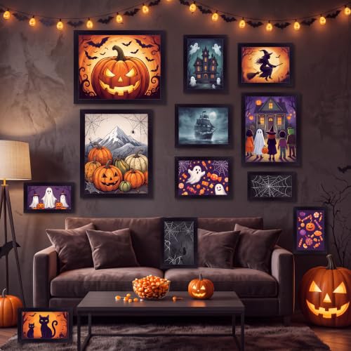 Halloween Ghost Wall Art Set - Framed Decor with 12 Gothic Prints