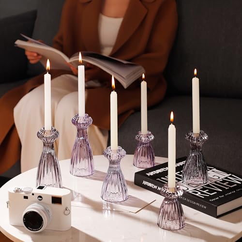 Purple Glass Candlestick Holders Set of 6 - Taper Candle Holders for Home Decor