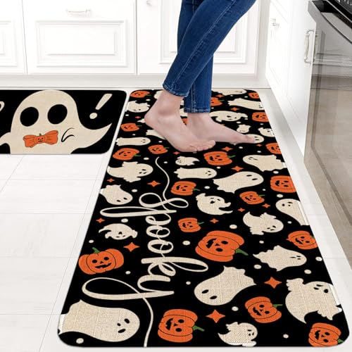 Halloween Ghost Kitchen Rugs Set of 2 - Spooky Floor Mat & Runner, Ghost Boo Variation