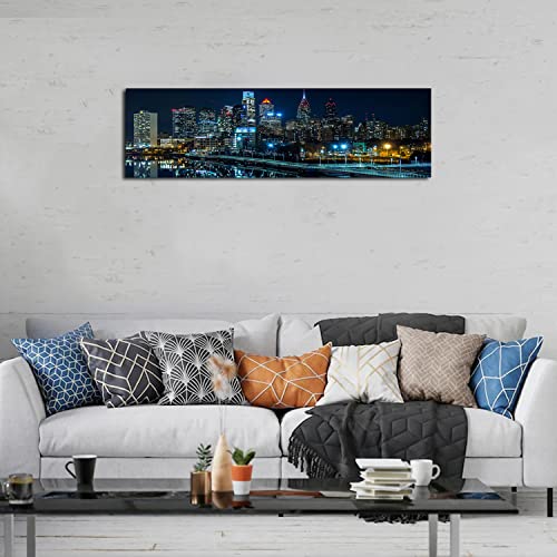 Philadelphia Skyline Wall Art Canvas Prints Night Cityscape Blue 14x48 with Frame - Blue Night Schuylkill River