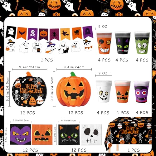 Halloween Party Supplies Kit with Pumpkin Plates Cups Napkins Banner & Tablecloth - Serves 24