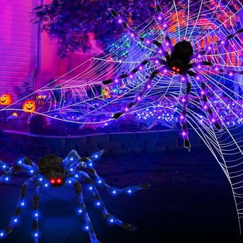 50 Inch Giant Light Up Halloween Spiders Set - Blue and Purple, Bendable Legs, Battery Operated