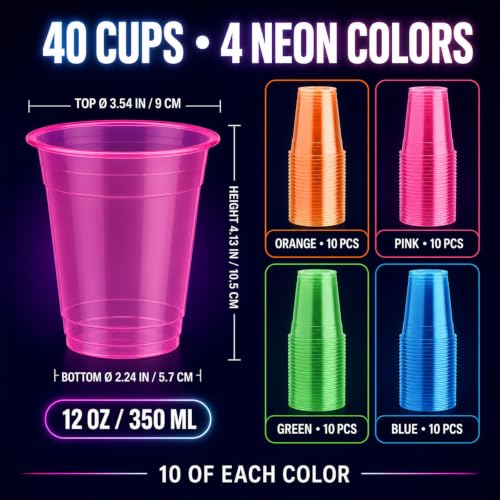 Glow-in-the-Dark Neon Plastic Cups 12 oz - 40 Pack for Parties