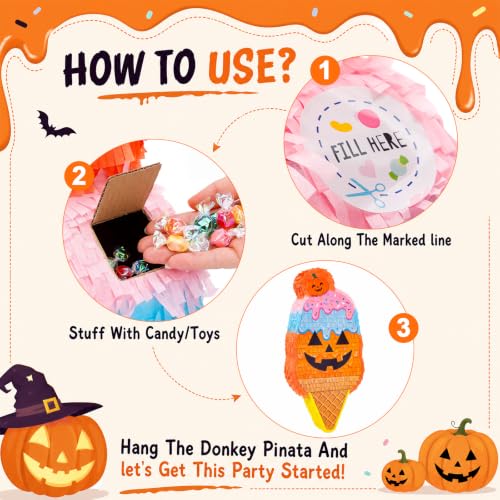 Large Halloween Pumpkin Piñata - Orange Ice Cream Cone Decoration, 21 Inch