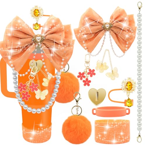 Orange Bling Stanley Cup Accessories Set for 20/30/40oz Tumblers - Glitter Bow Handle Strap & More