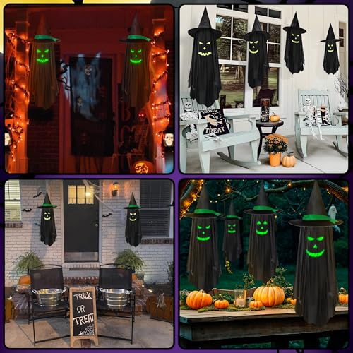 Halloween Hanging Ghost Decorations Outdoor with Glowing Face - Black Ghost, 2 Pack