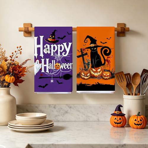 Halloween Kitchen Towels Set of 2 - Cat Pumpkin Halloween Decor - Hexagram