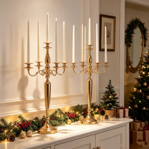 28in Gold 5-Arm Candelabra Wedding Centerpieces - Set of 2, Luxury Table Decor