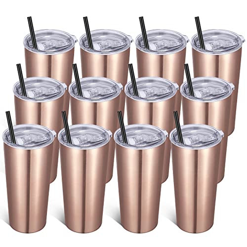 20oz Stainless Steel Insulated Tumbler Set - Rose Gold / 12 Pack with Lid & Straw