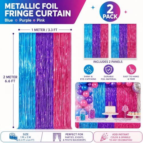 Blue Purple Pink Metallic Foil Fringe Curtains Set - Tinsel Backdrop for Parties
