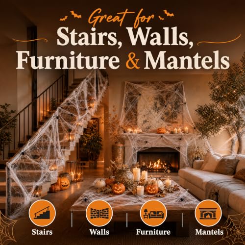 Land Guard 1000 Sq Ft Spider Web with 50 Artificial Spiders Halloween Decor