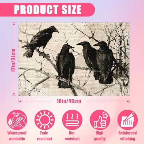 Crows Branch Placemats Set of 6 - Linen Table Mats for Spring & Fall Decor - Washable & Stain Resistant