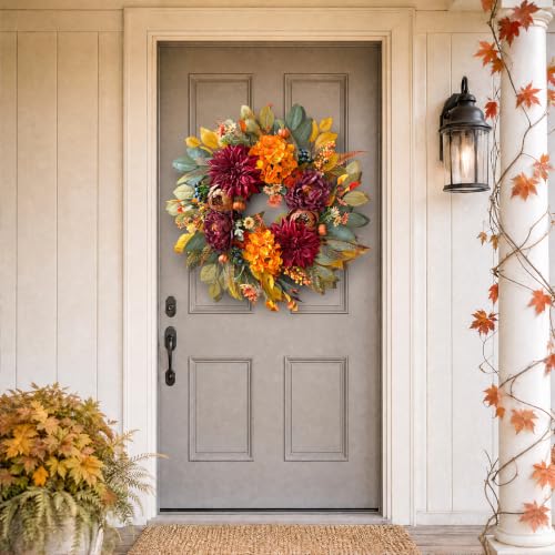 24-Inch Fall Wreath for Front Door - Autumn Decorations, Realistic Artificial Flowers