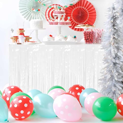 Macaron White Foil Fringe Table Skirts - 3 Pack Metallic Tinsel Streamers for Party Decor