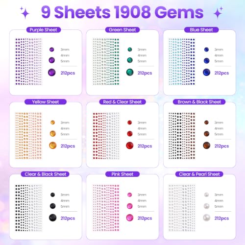 Colorful Face Gems Self-Adhesive Eye & Body Rhinestones - Vibrant 15 Colors, 3 Sizes - Rosiour