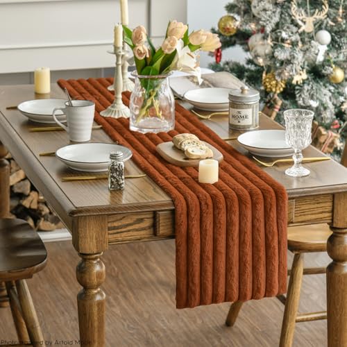 Caramel Plush Faux Fur Jacquard Table Runner 13x72 Inch Holiday Decor