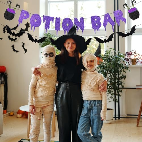 Halloween Glitter Potion Bar Banner with Bat Garland - Spooky Party Decor