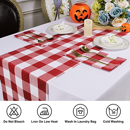 Buffalo Plaid Cotton Blend Table Runner - Red & White Checkered Farmhouse Decor, 14x108 Inch