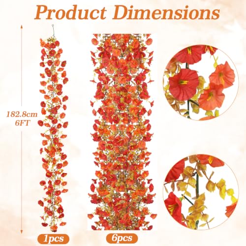 Fall Flower Garland - Artificial Autumn Vine with Orange Red Blooms 6 Pack