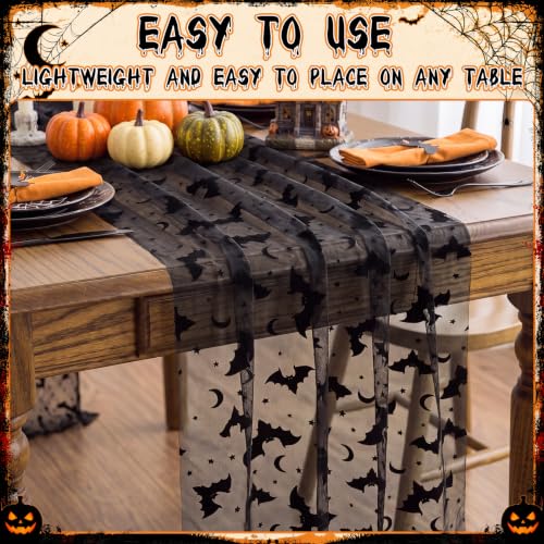 Bat Halloween Table Runner Set - Black Flocked Lace, 3 Pieces, 70x30 Inches