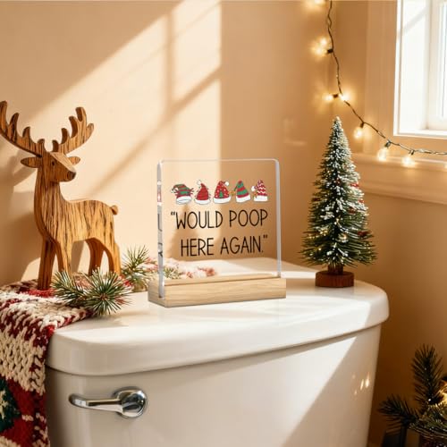 Would Poop Here Again Christmas Bathroom Decor Funny Sign Santa Hat Acrylic