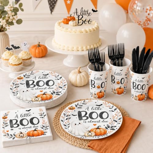 Halloween Baby Shower Tableware Set - 24 Plates Cups Napkins Cutlery