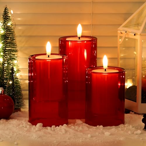 Red Glass Flameless Candles with Remote & Timer - 4x5x6 Inch Set of 3