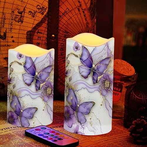 Purple Butterfly LED Pillar Candles Set of 4 with Remote & Timer - Color Changing Flameless Decor