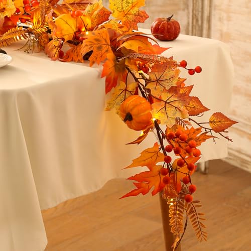 Autumn Maple Leaves Garland with Berry - Fall Decor for Thanksgiving Halloween